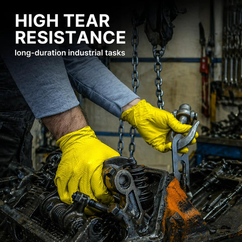 Badass Heavy Duty Nitrile Gloves With 6 Mil Yellow Raised Diamond Texture used for handling machinery in an industrial setting.