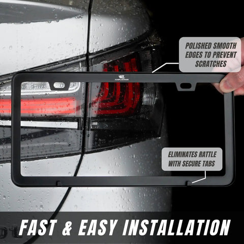 Slim Black Matte Aluminum License Plate Frame Set With Screw Caps Will Not Block Tags Rust Free Powder Coated Finish in hand