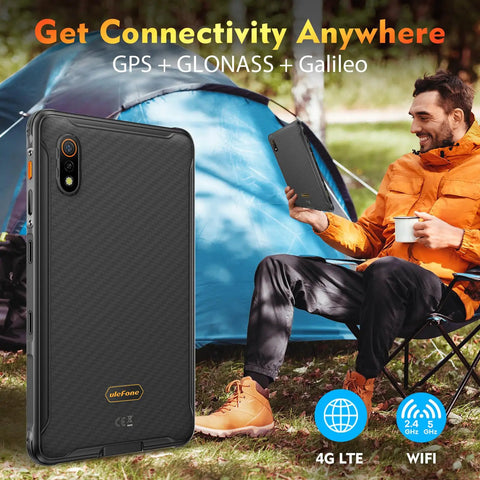 Hardcore 8 Inch Rugged Tablet Packed With Octa Core Processor And 16GB RAM And 128GB Storage Featuring 48MP Camera System And Massive 7650mAh Battery built for outdoor use, shown with user in camping setting.