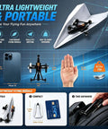 Rad Remote Control Paper Airplane Kit With Gyro Stabilizer And Dual Propellers size comparison with phone, hand, and coin.