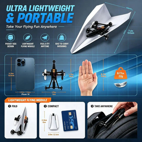 Rad Remote Control Paper Airplane Kit With Gyro Stabilizer And Dual Propellers size comparison with phone, hand, and coin.