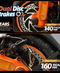 Dual Motor 1600W Electric Scooter For Adults, 1152Wh Battery with dual disc brakes showing 140mm front and 160mm rear
