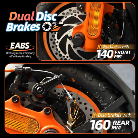 Dual Motor 1600W Electric Scooter For Adults, 1152Wh Battery with dual disc brakes showing 140mm front and 160mm rear