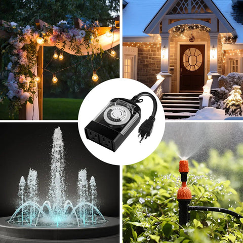 Top Shelf 24 Hour Mechanical Outdoor Timer Outlet 2 Pack Waterproof Weatherproof Switch for Heavy Duty Pool Pumps and Garden Landscape Lighting in action.