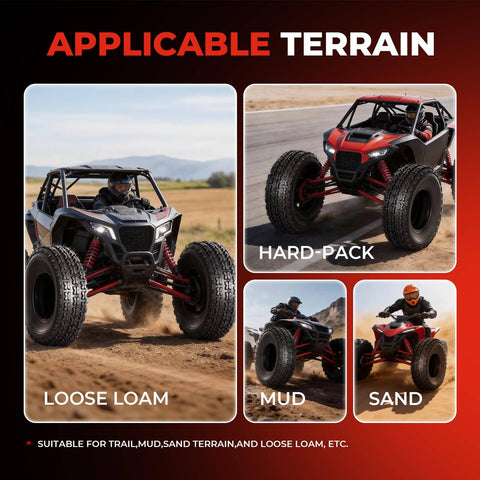 Set Of 2 19x7-8 ATV UTV Tires 4PR Beefed Up All Terrain Tubeless Non Directional Tread shown on vehicle in various terrains
