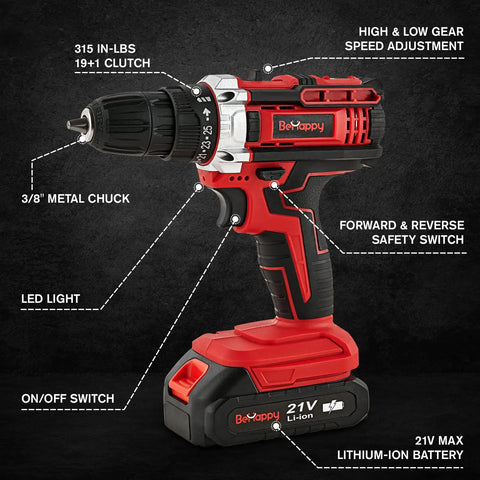 43 Piece Power Tool Set Combo Kit With 21V Cordless Drill Driver showing parts and features highlighted for DIY projects