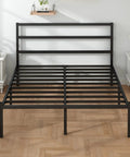 Solid As A Rock Full Size Metal Platform Bed Frame With Headboard And Footboard Featuring Steel Slats For Ultra Comfy Mattress Support No Box Spring Needed, black frame, slatted design.