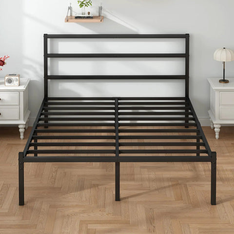 Solid As A Rock Full Size Metal Platform Bed Frame With Headboard And Footboard Featuring Steel Slats For Ultra Comfy Mattress Support No Box Spring Needed, black frame, slatted design.