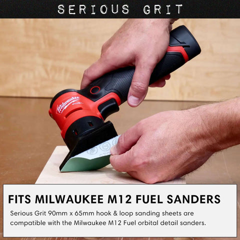 Hand using Milwaukee M12 Sander with Triangle Sanding Sheets 90mm By 65mm Set For Milwaukee M12 Sander With Assorted Grits 80 120 150 180 220 Ten Of Each Heavy Duty Hook And Loop Film Sandpaper Pads 50 Pack Box