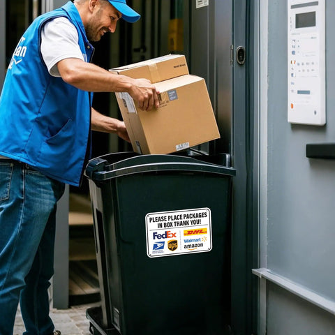 Please Place Packages In Box Sign 11.7 By 8 Inches Weatherproof Delivery Instructions Sticker, on a package bin