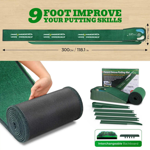 Indoor And Outdoor Golf Putting Mat With Realistic Green Speed and Dual Hazard Velvet Surface Ball Return 8ft Practice Mat
