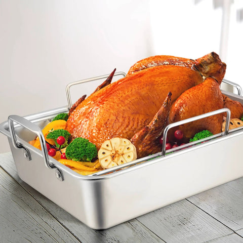 16 Inch Roasting Pan With V Shaped Rack And Baking Rack, Heavy Duty Stainless Steel Deep Broiling Pan With Handles For Turkey, Chicken, Lasagna And Roasts, Dishwasher Safe And Oven Safe Up To 450 Degrees Fahrenheit