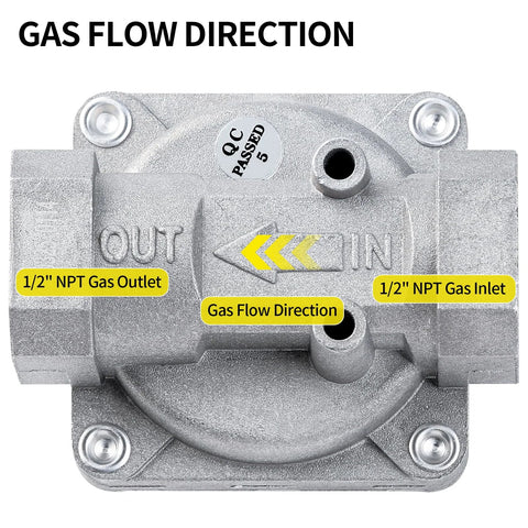 Gas regulator front view with 1/2 in NPT inlet/outlet, gas flow direction arrows on a metal body.