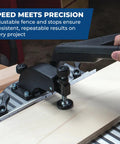 Pro Grade Heavy Duty Pocket Hole Jig For Woodworkers Fast Precise Drill Press Compatible used with adjustable fence on wood panel.