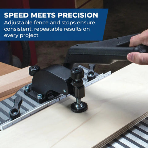Pro Grade Heavy Duty Pocket Hole Jig For Woodworkers Fast Precise Drill Press Compatible used with adjustable fence on wood panel.