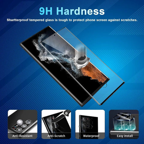 Galaxy S22 Ultra Screen Protector And Lens Guard Bundle with HD tempered glass for 5G, anti-scratch, and fingerprint unlock compatibility.