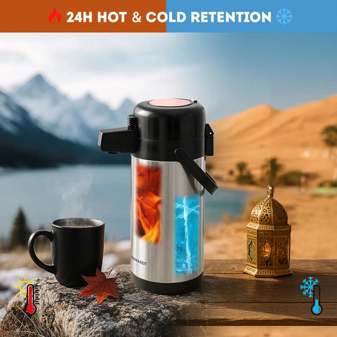 Airpot Coffee Carafe With Pump, 102oz 3L Insulated Stainless Steel Beverage Dispenser Keeps Hot Or Cold For 24 Hours outdoors