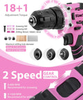 Close-up of pink 21V cordless drill from Pink 267 Piece Tool Kit Set With 21V Cordless Drill Driver For Women showing torque settings.