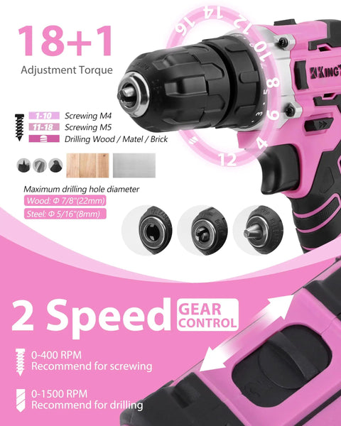 Close-up of pink 21V cordless drill from Pink 267 Piece Tool Kit Set With 21V Cordless Drill Driver For Women showing torque settings.