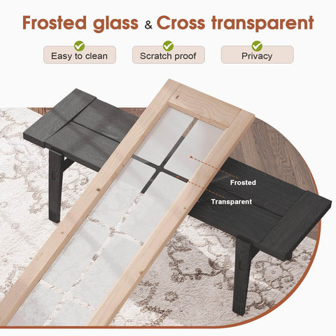 Premium Built To Last Heavy Duty Bi Fold Barn Door With Frosted Glass Cross Design Preassembled 36 By 84 Inches displayed on bench.