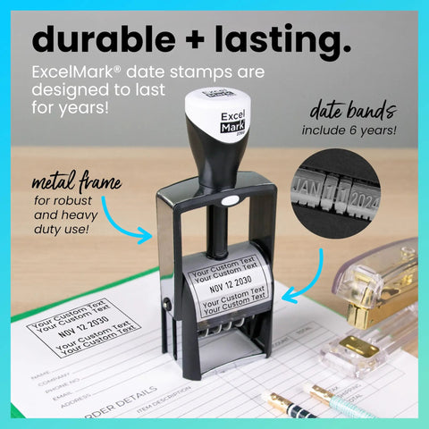Top Shelf Heavy Duty Self Inking Date Stamp Black Customizable Up To Four Lines Of Text on paperwork with metal frame.