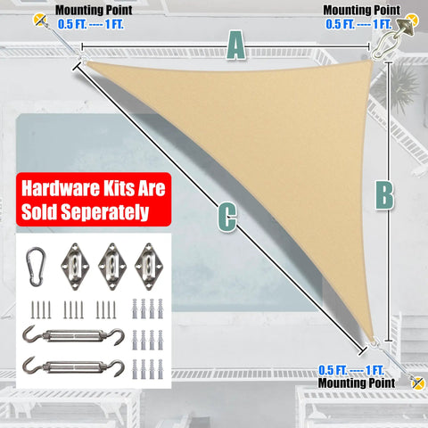 Beige Right Triangle Shade Sail Canopy 24x24x33.9 Ft, 200 GSM HDPE with Stainless Steel D Rings over pool, hardware details shown.