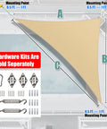 Beige Right Triangle Dope Sun Shade Sail 16 By 16 By 22.6 Feet Outdoor Canopy Awning UPF50 Water And Air Permeable HDPE Shade Sail For Backyards Patios And Commercial Use Heavy Duty Custom Sizes Available with hardware kit dimensions.