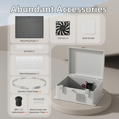 Outdoor NEMA Electrical Box Weatherproof 16x11x6 Inch ABS Plastic WiFi Enclosure with accessories including fan and dust screen