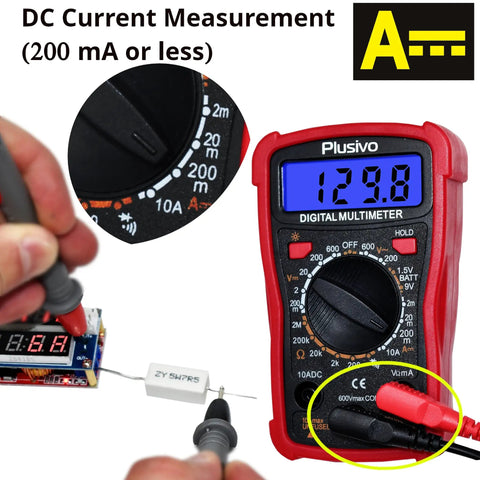 Digital Multimeter Tester 2000 Counts for AC DC Voltage, Resistance, with probes testing small electronic component.