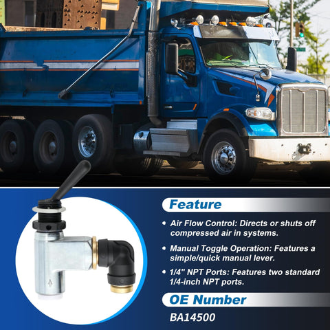 BA14500 One Quarter Inch Pneumatic Control Valve Air Toggle Switch For Peterbilt Truck Air Control Systems next to a dump truck