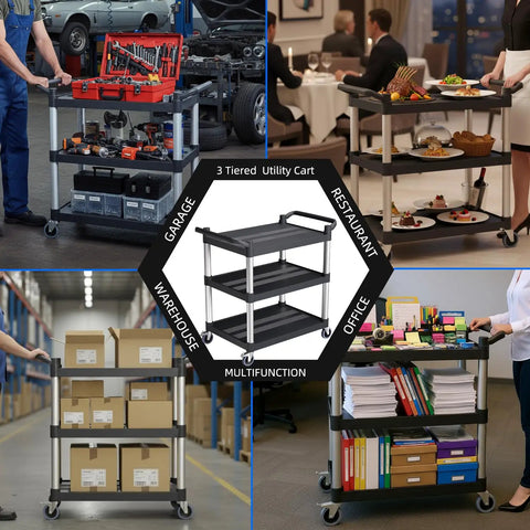 Heavy Duty 3 Tier Plastic Utility Cart On Wheels With 300 Lb Capacity And Quiet 4 Inch Casters With 2 Lockable Brakes Mobile Service Cart For Home Office Restaurant And Warehouse in use in various environments including garage, restaurant, warehouse, and office.