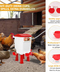 Automatic Chicken Waterer With Float Valve Hanging Or Standing Design Connects To Three Quarter Inch Faucet And Hose Spill Proof Hydration Solution For Backyard Coop And Small Farm Easy To Use Red Waterer in use by chickens
