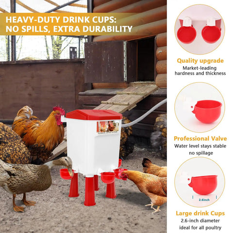 Automatic Chicken Waterer With Float Valve Hanging Or Standing Design Connects To Three Quarter Inch Faucet And Hose Spill Proof Hydration Solution For Backyard Coop And Small Farm Easy To Use Red Waterer in use by chickens