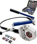 Manual Hydraulic Air Conditioning Hose Crimper Tool Kit With Seven Die Sets, shown with hydraulic pump and carrying case.