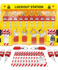 Lockout Tagout Station With LOTO Devices For OSHA Compliance And Industrial Safety, 14 Pack Safety Lock Set, board with locks and tags