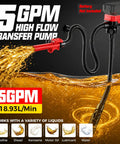 5GPM Cordless Fuel Transfer Pump With Auto Stop Valve 51 Inch Hose And Five Quick Connect Adapters for gasoline and diesel transferring liquid.