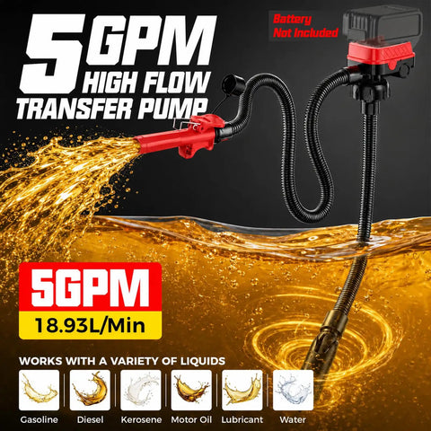 5GPM Cordless Fuel Transfer Pump With Auto Stop Valve 51 Inch Hose And Five Quick Connect Adapters for gasoline and diesel transferring liquid.