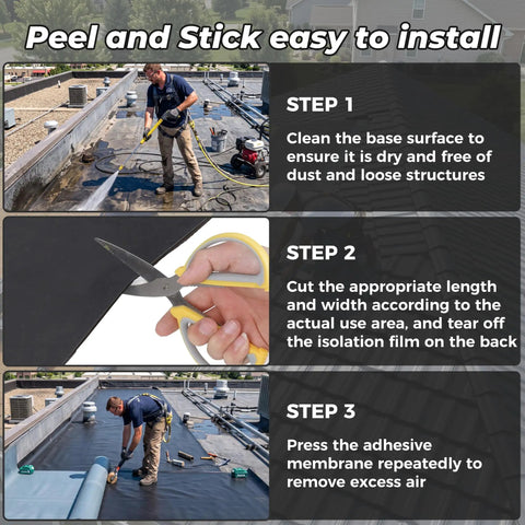 Steps to install Fifty Mil Thick Self Adhesive EPDM Rubber Roofing Roll on a flat surface for DIY projects.