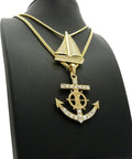 Dope Iced Out Sailboat Yacht And Anchor Pendant Necklace Set In Gold Tone With Two Necklace Set And Layered Chains Displayed