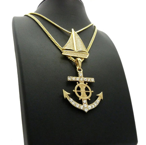 Dope Iced Out Sailboat Yacht And Anchor Pendant Necklace Set In Gold Tone With Two Necklace Set And Layered Chains Displayed