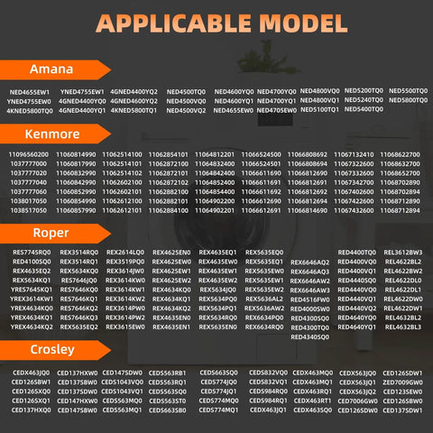 Model compatibility chart for 279838 Dryer Heating Element Kit With Thermal Fuses And High Temperature Thermostat For Amana Whirlpool Maytag Kenmore Roper And More Replaces W10724237 No Heat Troubleshooting Friendly Replacement Part with Amana, Kenmore, Roper, and Crosley models listed.