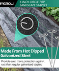 120 Pack of 6-Inch Landscape Staples With Circle Top Galvanized Steel Spikes shown securing ground sheet on soil