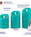 Turquoise Real Wax Flameless Candles Set Of 3, Teal LED Pillar Candles with remote showing 4, 5, and 6 inch heights.