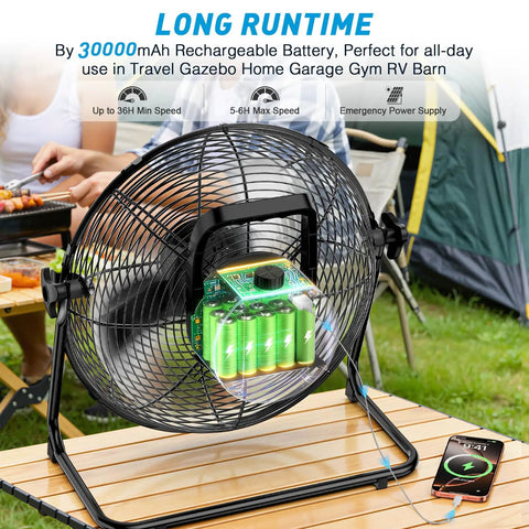 18 Inch Solar Powered Outdoor Fan with 40W Panel and 30000mAh Battery on picnic table, camping scene