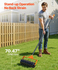 Man using Rolling Lawn Aerator With 15 Inch Drum 42 Steel Spikes And 60 Inch Long Handle Fillable Weight Drum for lawn care.