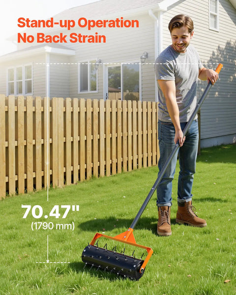 Man using Rolling Lawn Aerator With 15 Inch Drum 42 Steel Spikes And 60 Inch Long Handle Fillable Weight Drum for lawn care.