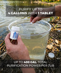 Person adding a Trailhead Ready Water Purification Tablet 397Mg to water in a container, purifying up to 4 gallons.