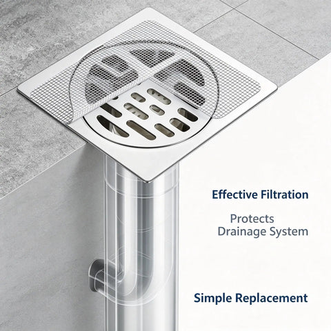 50 Pcs Disposable Shower Drain Hair Catcher 3.94" ES Square Drain installed over a clear pipe for effective hair filtration.