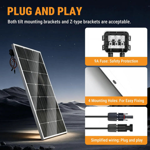 100W 12V Monocrystalline Solar Panel With 9 Busbars And A Plus Large Cell Rugged Glass Module IP65 Weather Resistant, connectors shown