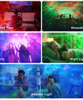 Collage of Nebula Star Projector Galaxy Light with Remote and Timer, Astronaut Night Light for Kids and Adults in various settings.
